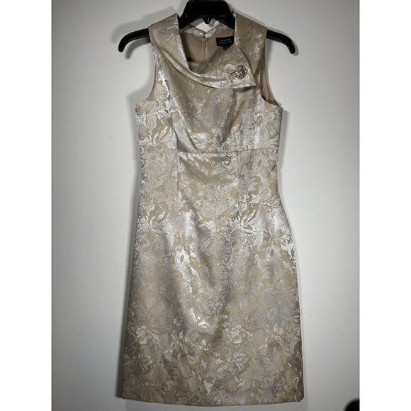 TAHARI Arthur Levine Dress Champagne Brocade Elegant Collar Cocktail Size 2 - Picture 1 of 9
